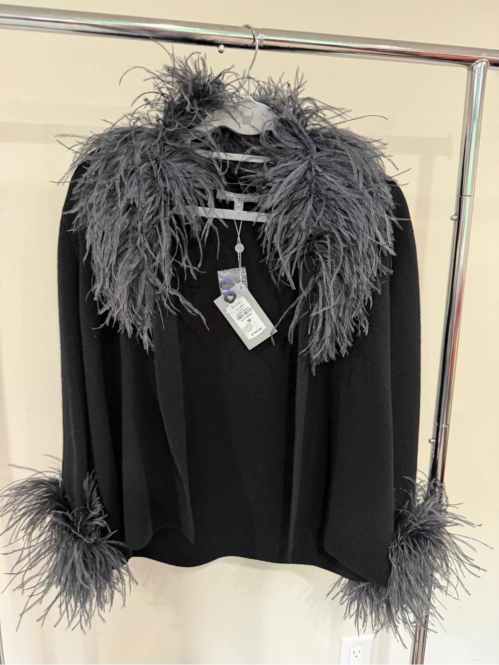NWT Neiman Marcus Cashmere collection ostrich feather trim cardigan size medium